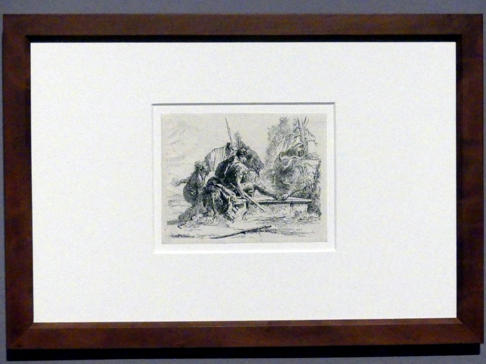 Giovanni Battista Tiepolo (1715–1785), Junger Edelmann auf einem Grab, Stuttgart, Staatsgalerie, Ausstellung "Tiepolo"  vom 11.10.2019 - 02.02.2020, Saal 6: Karikaturen, Capricci und Scherzi, um 1740–1742, Bild 2/3