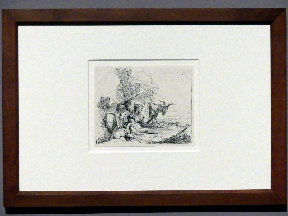 Giovanni Battista Tiepolo (1715–1785), Sitzende Frau mit Satyrknaben und Ziege, Stuttgart, Staatsgalerie, Ausstellung "Tiepolo"  vom 11.10.2019 - 02.02.2020, Saal 6: Karikaturen, Capricci und Scherzi, um 1740–1742, Bild 2/3