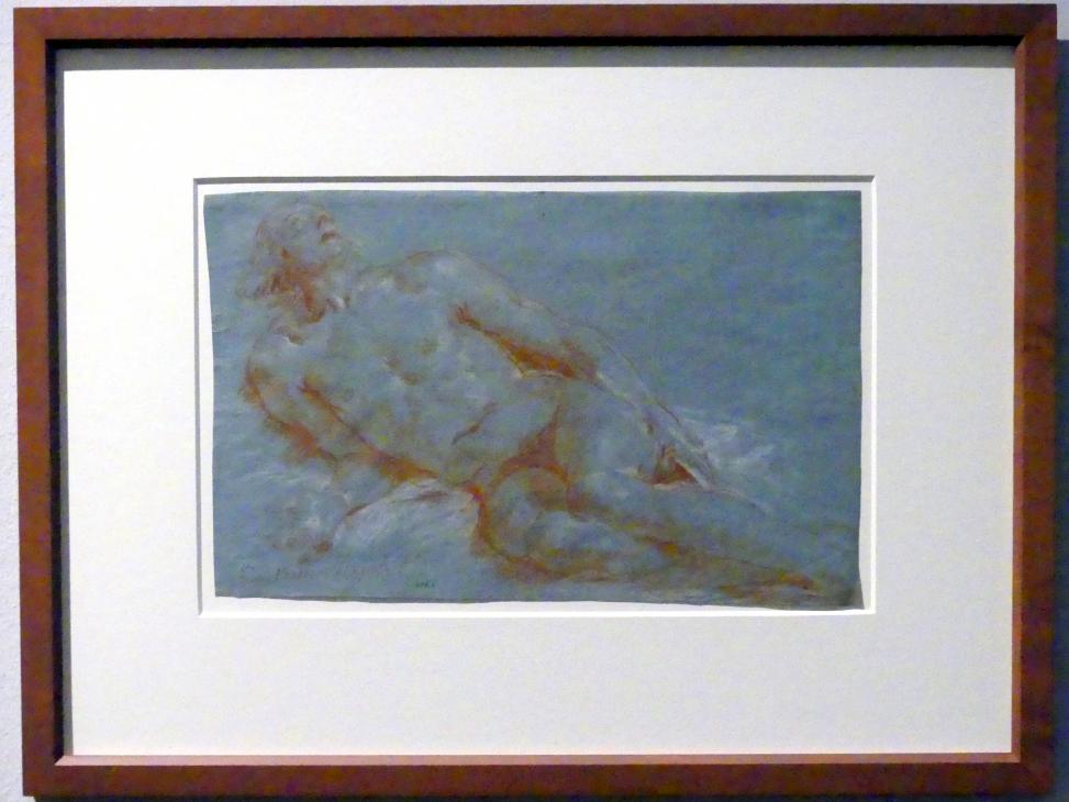 Giovanni Battista Tiepolo (1715–1785), Nach links lagernder männlicher Akt, Stuttgart, Staatsgalerie, Ausstellung "Tiepolo"  vom 11.10.2019 - 02.02.2020, Saal 7: Aktstudien, 1752, Bild 2/3