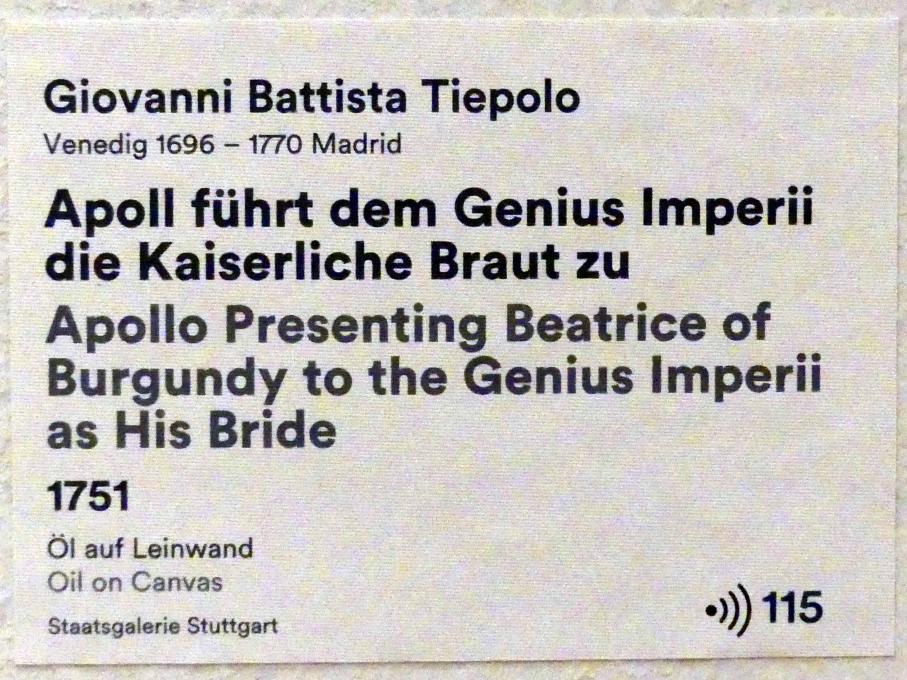 Giovanni Battista Tiepolo (1715–1785), Apoll führt dem Genius Imperii die Kaiserliche Braut zu, Stuttgart, Staatsgalerie, Ausstellung "Tiepolo"  vom 11.10.2019 - 02.02.2020, Saal 8: Die Würzburger Residenz, 1751, Bild 2/2
