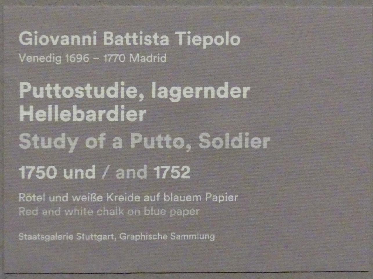 Giovanni Battista Tiepolo (1715–1785), Puttostudie, lagernder Hellebardier, Stuttgart, Staatsgalerie, Ausstellung "Tiepolo"  vom 11.10.2019 - 02.02.2020, Saal 9: Weitere Arbeiten in Würzburg, 1750–1752, Bild 3/3
