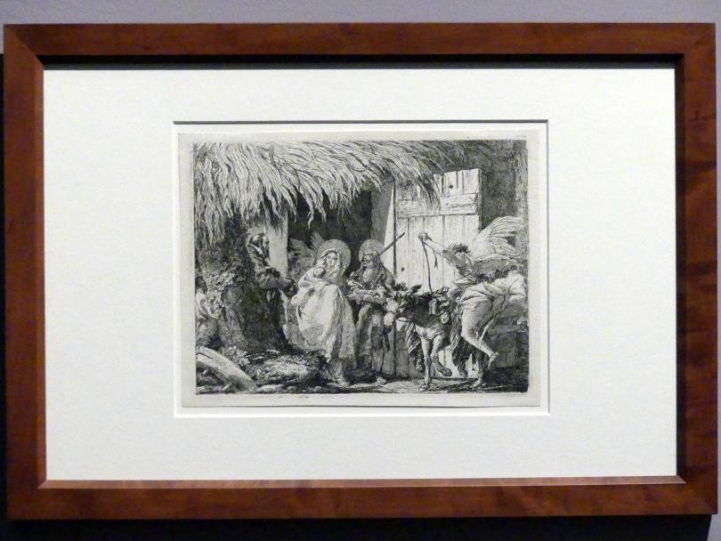 Giovanni Domenico Tiepolo (1743–1785), Abschied von der Herberge, Stuttgart, Staatsgalerie, Ausstellung "Tiepolo"  vom 11.10.2019 - 02.02.2020, Saal 10: Späte Werke, 1753, Bild 2/3