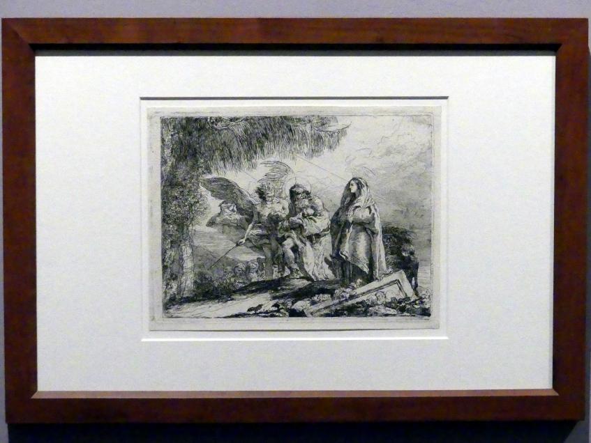 Giovanni Domenico Tiepolo (1743–1785), Ein Engel schützt die Heilige Familie vor Verfolgern, Stuttgart, Staatsgalerie, Ausstellung "Tiepolo"  vom 11.10.2019 - 02.02.2020, Saal 10: Späte Werke, 1753, Bild 2/3