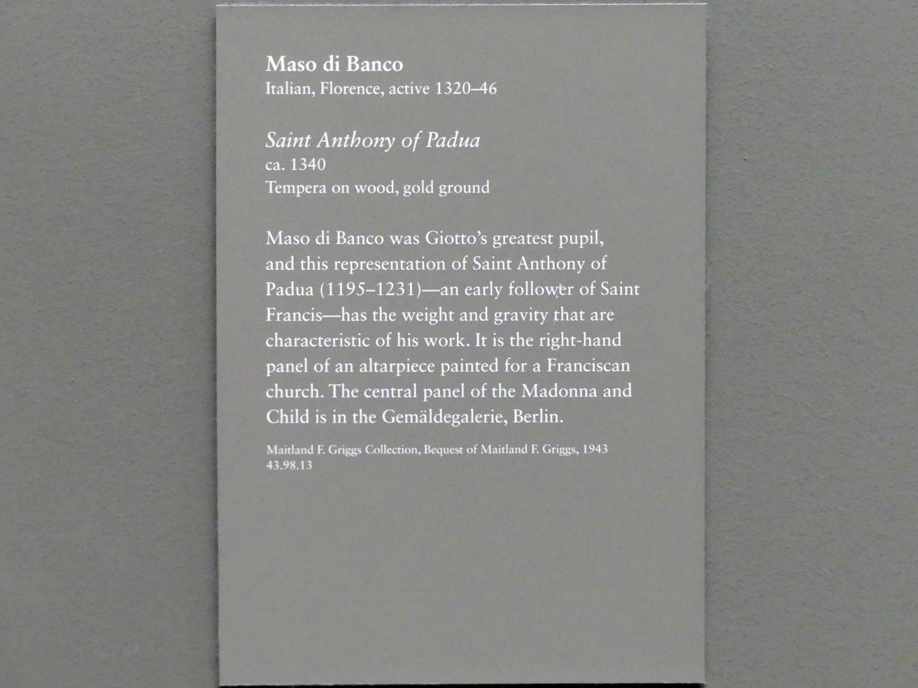 Maso di Banco (1335–1341), Heiliger Antonius von Padua, New York, Metropolitan Museum of Art (Met), Saal 644, um 1340, Bild 2/2