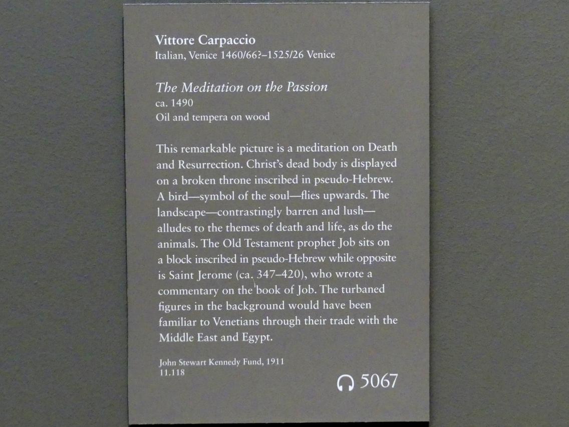 Vittore Carpaccio (1490–1514), Meditation über die Passion Christi, New York, Metropolitan Museum of Art (Met), Saal 641, um 1490, Bild 2/2