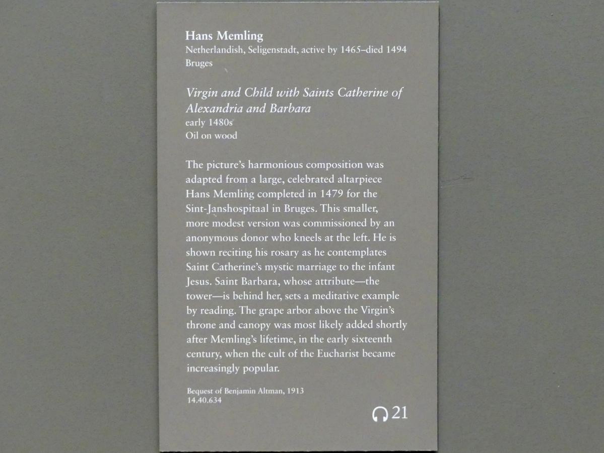 Hans Memling (1467–1491), Maria mit Kind und den heiligen Katharina von Alexandrien und Barbara, New York, Metropolitan Museum of Art (Met), Saal 641, um 1480–1485, Bild 2/2