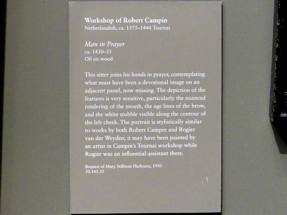 Robert Campin (Werkstatt) (1431–1432), Mann im Gebet, New York, Metropolitan Museum of Art (Met), Saal 641, um 1430–1435, Bild 2/2