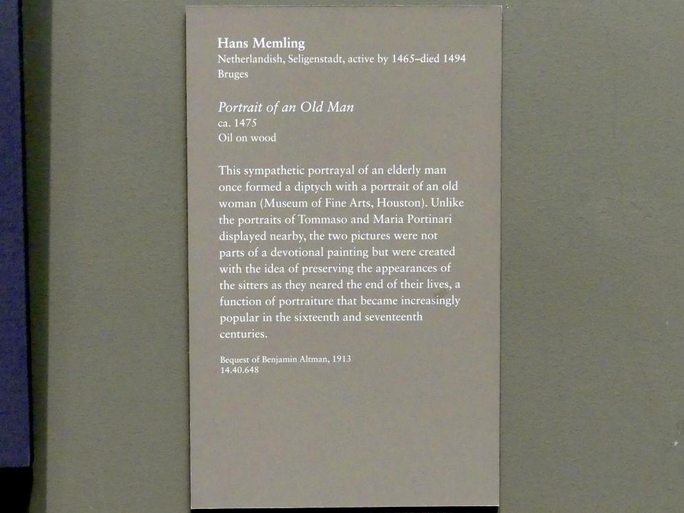 Hans Memling (1467–1491), Bildnis eines alten Mannes, New York, Metropolitan Museum of Art (Met), Saal 641, um 1475, Bild 2/2