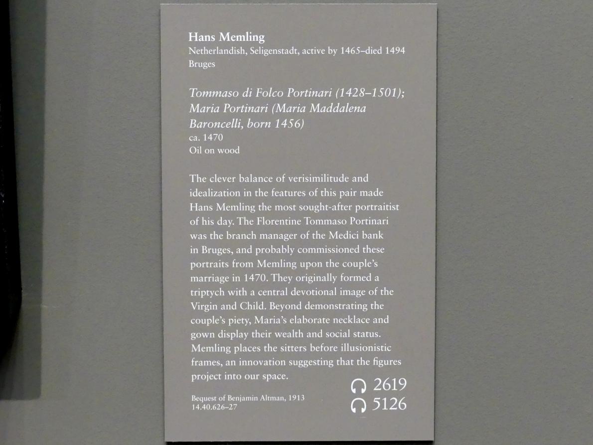 Hans Memling (1467–1491), Maria Portinari (Maria Maddalena Baroncelli, geb. 1456), New York, Metropolitan Museum of Art (Met), Saal 641, um 1470, Bild 2/2
