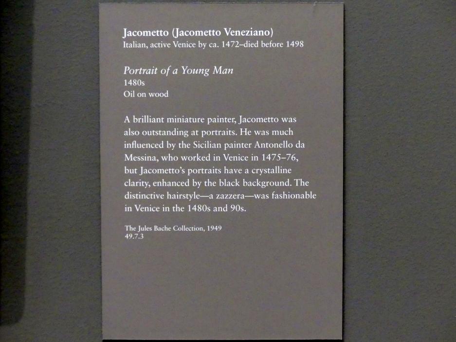 Jacometto Veneziano (1485–1497), Bildnis eines jungen Mannes, New York, Metropolitan Museum of Art (Met), Saal 641, um 1480–1490, Bild 2/2