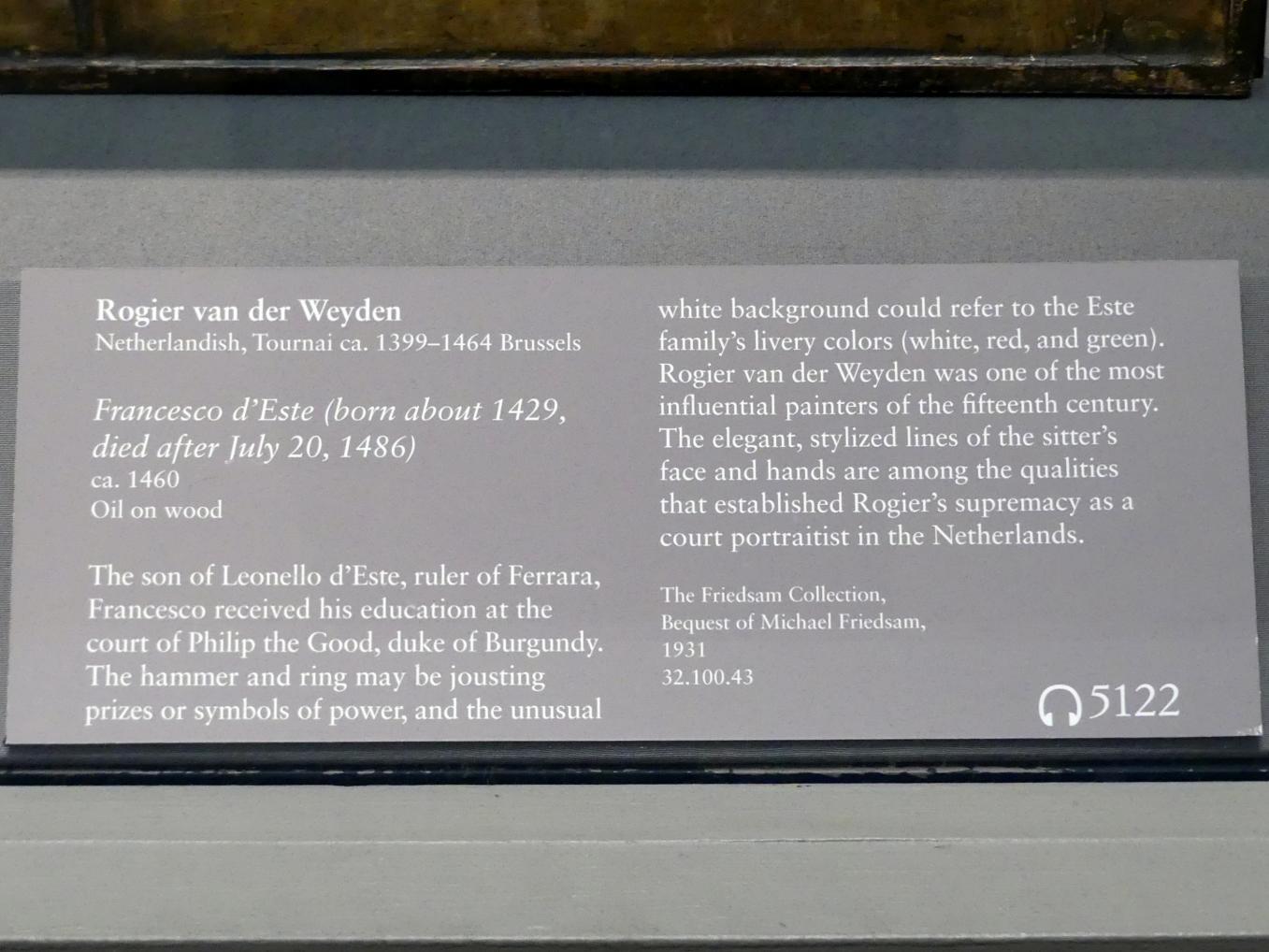 Rogier van der Weyden (1433–1464), Francesco d'Este (um 1429-1486), New York, Metropolitan Museum of Art (Met), Saal 641, um 1460, Bild 3/4