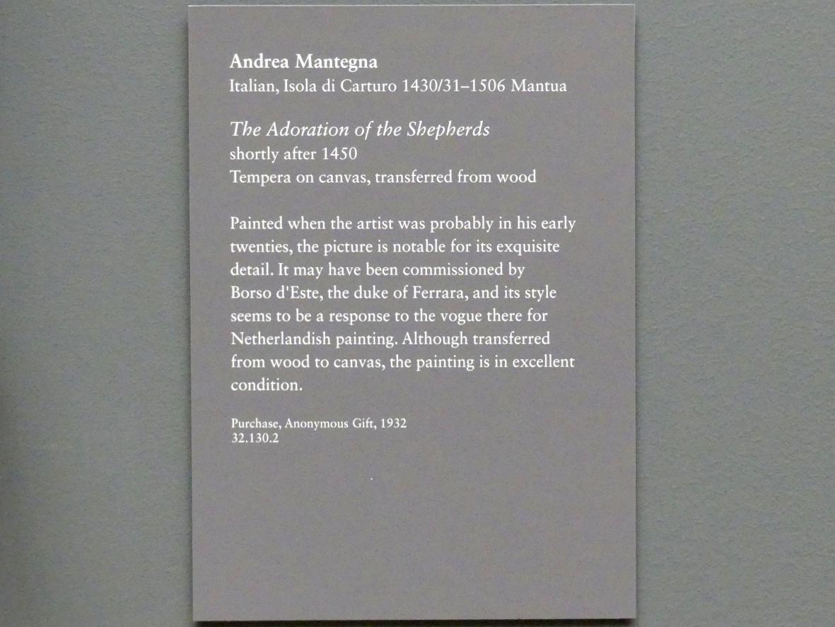Andrea Mantegna (1451–1505), Anbetung der Hirten, New York, Metropolitan Museum of Art (Met), Saal 640, nach 1450, Bild 2/2