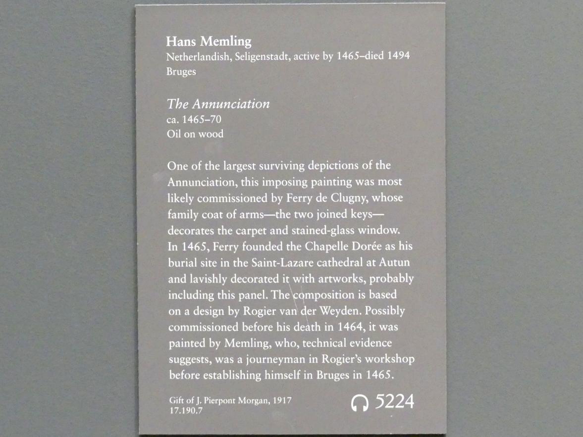 Hans Memling (1467–1491), Mariä Verkündigung, New York, Metropolitan Museum of Art (Met), Saal 640, um 1465–1470, Bild 2/2