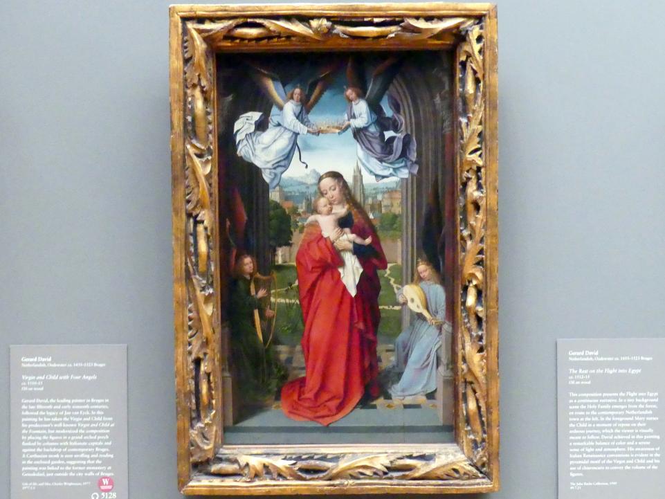 Gerard David (1475–1519), Maria mit Kind und vier Engeln, New York, Metropolitan Museum of Art (Met), Saal 640, um 1510–1515