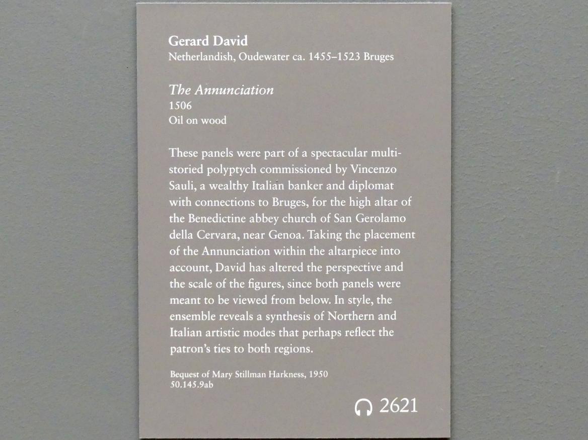 Gerard David (1475–1519), Mariä Verkündigung, New York, Metropolitan Museum of Art (Met), Saal 640, 1506, Bild 3/3