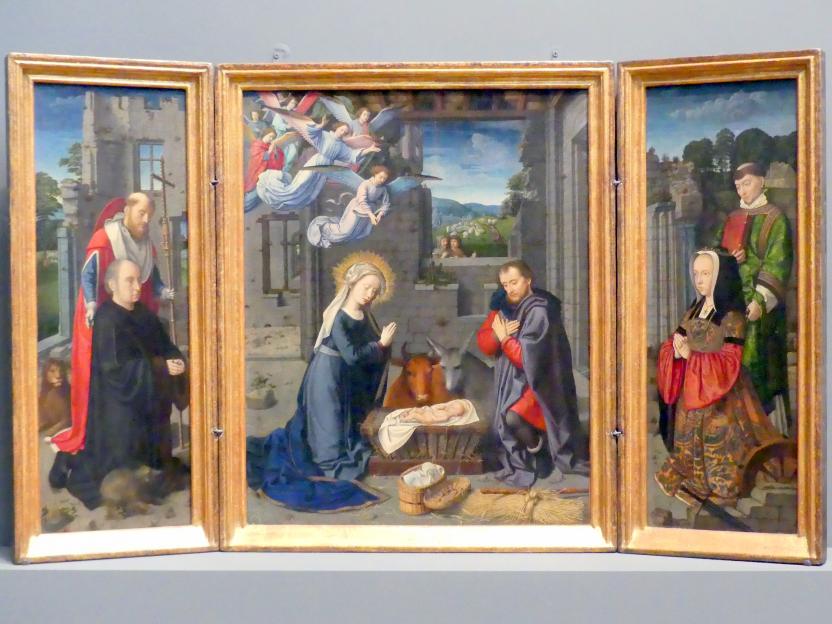Gerard David (1475–1519), Christi Geburt mit Stiftern und den heiligen Hieronymus und Leonhard, New York, Metropolitan Museum of Art (Met), Saal 640, um 1510–1515
