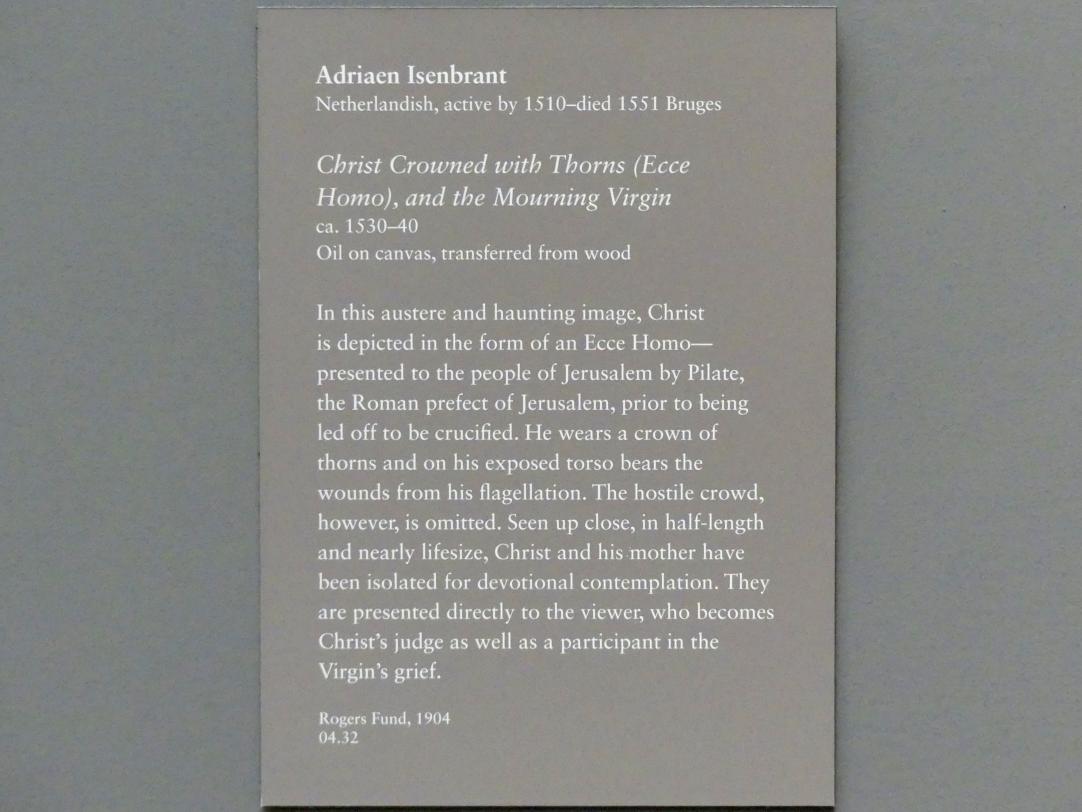 Adriaen Isenbrant (1512–1537), Christus als Schmerzensmann und schmerzhafte Muttergottes, New York, Metropolitan Museum of Art (Met), Saal 639, um 1530–1540, Bild 2/2
