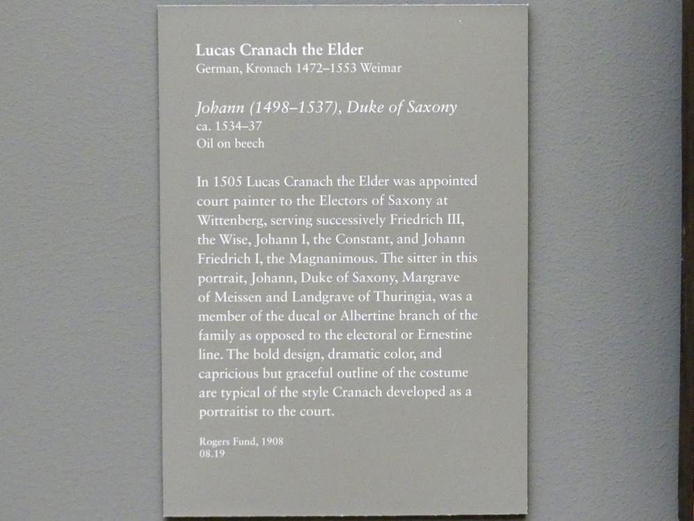 Lucas Cranach der Ältere (1502–1550), Johann von Sachsen (1498–1537), New York, Metropolitan Museum of Art (Met), Saal 643, um 1534–1537, Bild 2/2