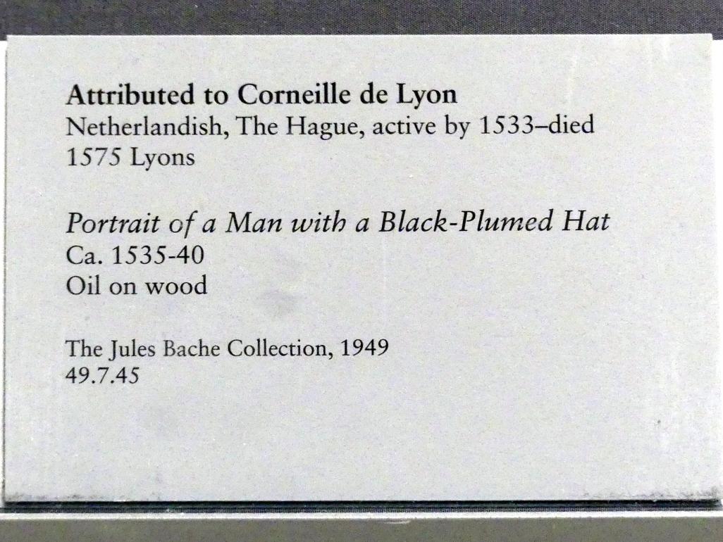 Corneille de Lyon (1533–1550), Porträt eines Mannes mit schwarz gefiedertem Hut, New York, Metropolitan Museum of Art (Met), Saal 643, um 1535–1540