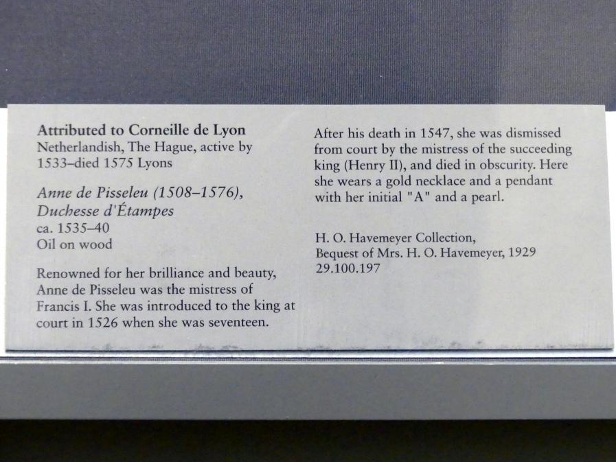 Corneille de Lyon (1533–1550), Anne de Pisseleu d’Heilly (1508-1580), Herzogin von Étampes, New York, Metropolitan Museum of Art (Met), Saal 643, um 1535–1540, Bild 1/2