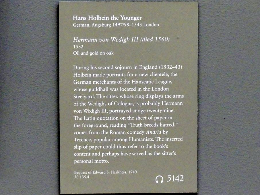 Hans Holbein der Jüngere (1517–1543), Hermann von Wedigh III (gest. 1560), New York, Metropolitan Museum of Art (Met), Saal 643, 1532, Bild 2/2