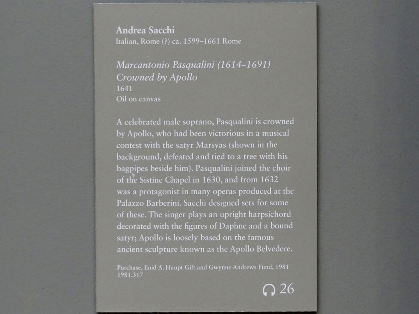 Andrea Sacchi (1641–1651), Krönung des Marc’Antonio Pasqualini (1614-1691) durch Apoll, New York, Metropolitan Museum of Art (Met), Saal 637, 1641, Bild 2/2