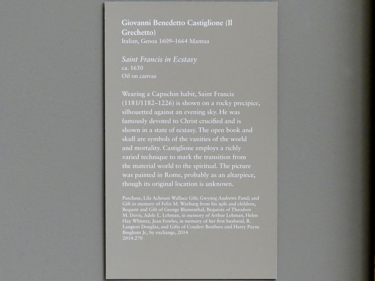 Giovanni Benedetto Castiglione (il Grechetto) (1648–1758), Hl. Franziskus in Ekstase, New York, Metropolitan Museum of Art (Met), Saal 637, um 1650, Bild 2/2