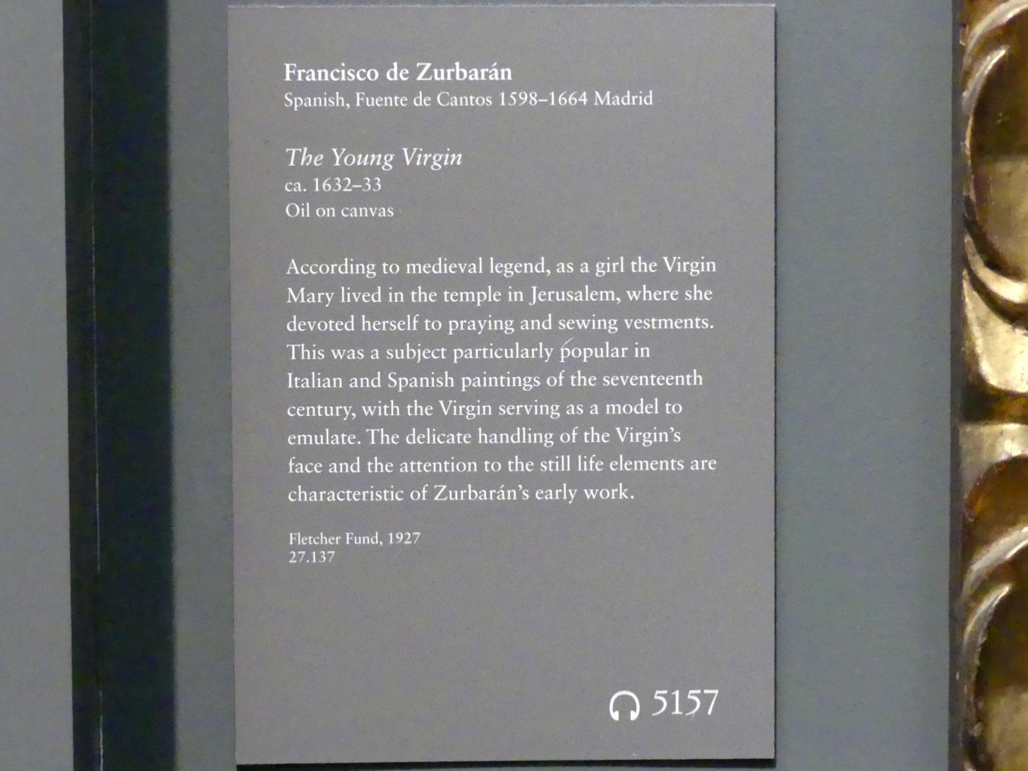 Francisco de Zurbarán y Salazar (1628–1661), Jungfrau Maria als Kind, New York, Metropolitan Museum of Art (Met), Saal 635, um 1632–1633, Bild 2/2