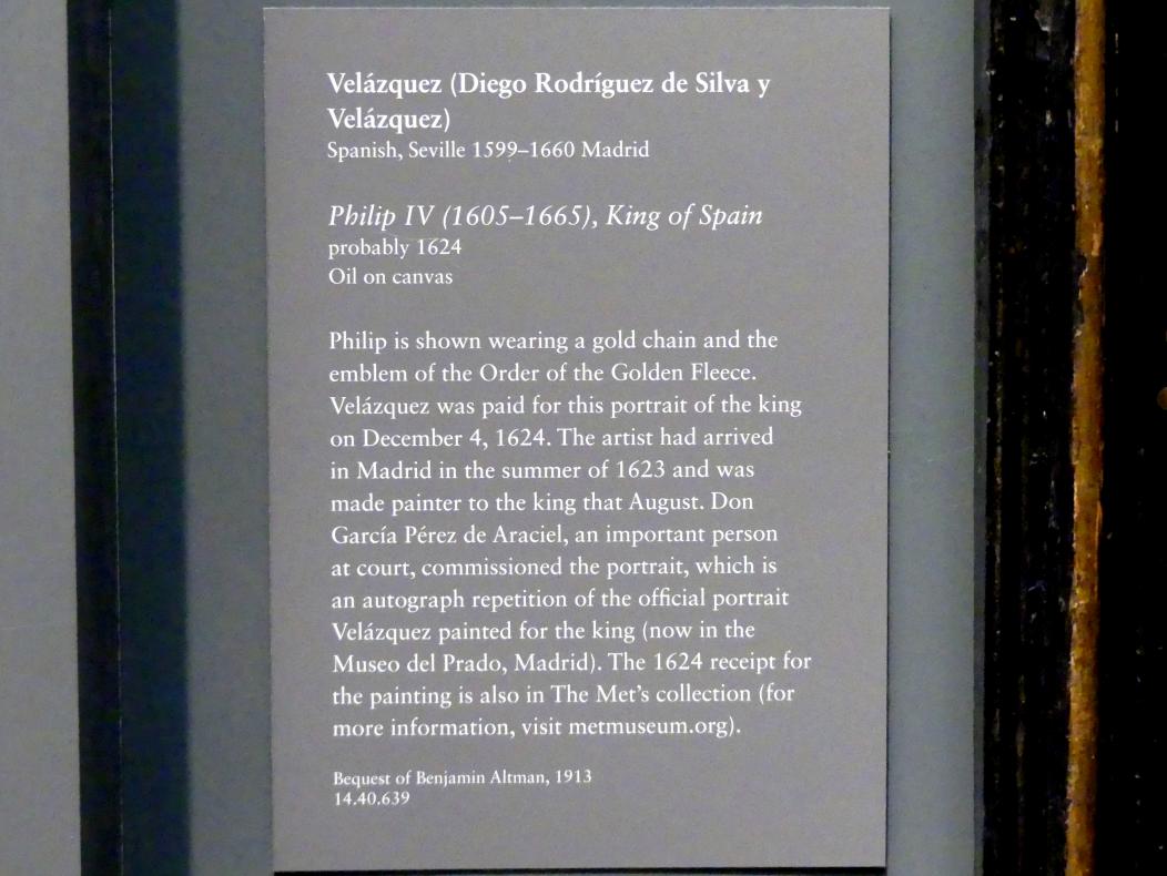 Diego Rodríguez de Silva y Velázquez (1618–1659), Philipp IV. (1605-1665), König von Spanien, New York, Metropolitan Museum of Art (Met), Saal 635, 1624, Bild 2/2