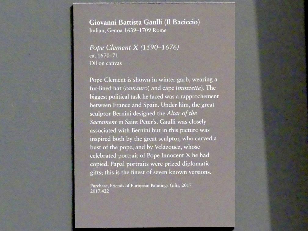 Giovanni Battista Gaulli (1666–1695), Papst Clemens X. (1590-1676), New York, Metropolitan Museum of Art (Met), Saal 635, um 1670–1671, Bild 2/2