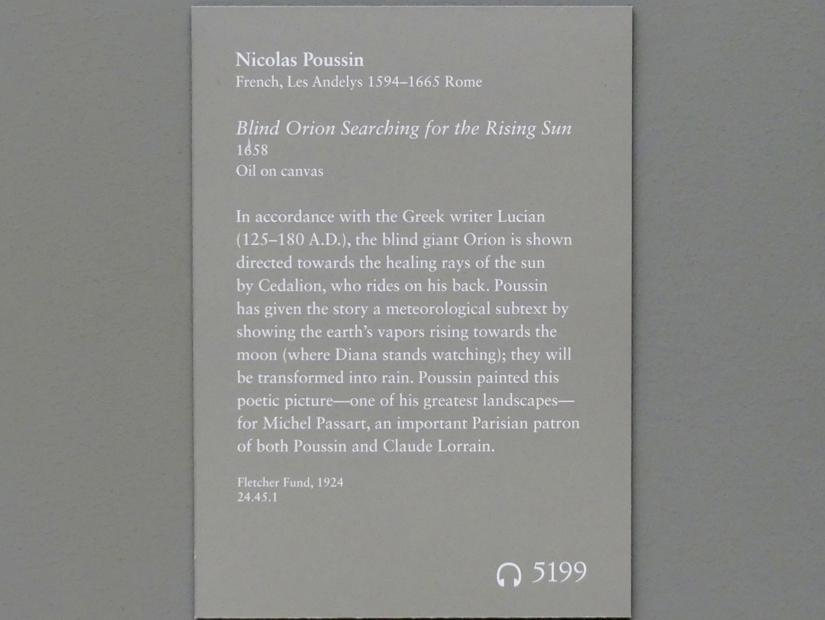 Nicolas Poussin (1624–1663), Der blinde Orion auf der Suche nach der aufgehenden Sonne, New York, Metropolitan Museum of Art (Met), Saal 634, 1658, Bild 2/2