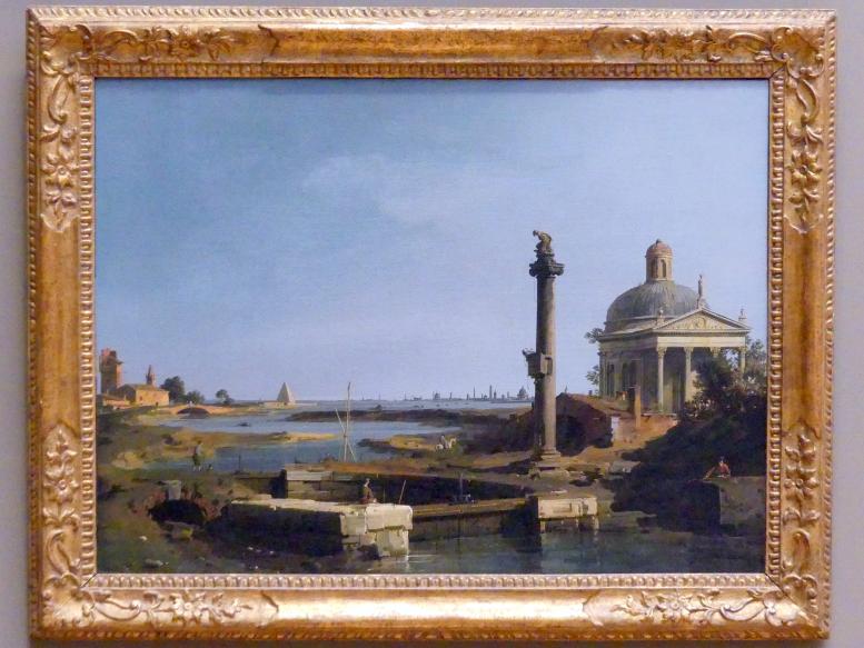 Giovanni Antonio Canal ("Canaletto") (1722–1765), Ein Schloss, eine Säule und eine Kirche an einer Lagune, New York, Metropolitan Museum of Art (Met), Saal 632, um 1740–1750, Bild 1/2