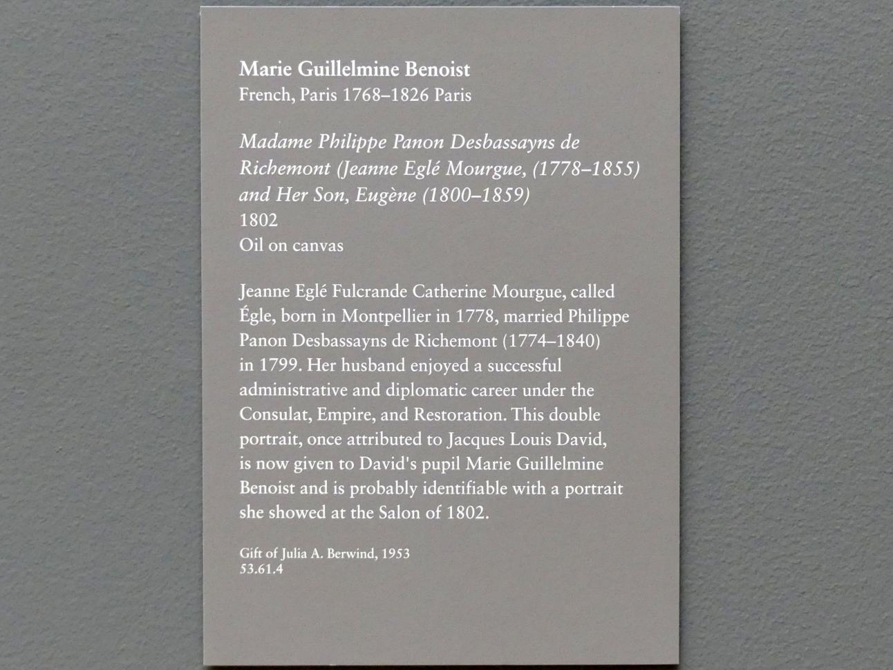 Marie-Guillemine Benoist (1799–1802), Madame Philippe Panon Desbassayns de Richemont (Jeanne Eglé Mourgue, 1778-1855) und ihr Sohn Eugène (1800-1859), New York, Metropolitan Museum of Art (Met), Saal 629, 1802, Bild 2/2