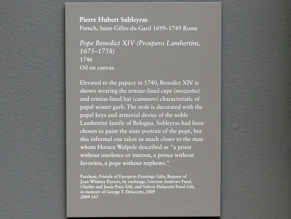 Pierre Subleyras (1733–1747), Papst Benedikt XIV. (Prospero Lambertini, 1675-1758), New York, Metropolitan Museum of Art (Met), Saal 629, 1746, Bild 2/2