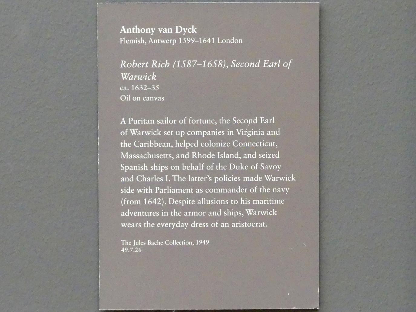 Anthonis (Anton) van Dyck (1614–1641), Robert Rich (1587-1658), Zweiter Earl of Warwick, New York, Metropolitan Museum of Art (Met), Saal 628, um 1632–1635, Bild 2/2