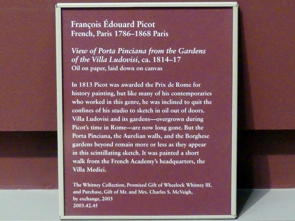 François-Édouard Picot (1815–1817), Blick von den Gärten der Villa Ludovisi auf die Porta Pinciana in Rom, New York, Metropolitan Museum of Art (Met), Saal 805, um 1814–1817, Bild 2/2