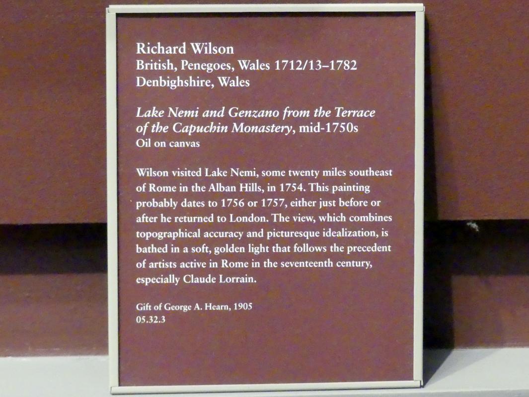 Richard Wilson (1750), Der Nemisee und Genzano von der Terrasse des Kapuzinerklosters, New York, Metropolitan Museum of Art (Met), Saal 806, um 1748–1752, Bild 2/2