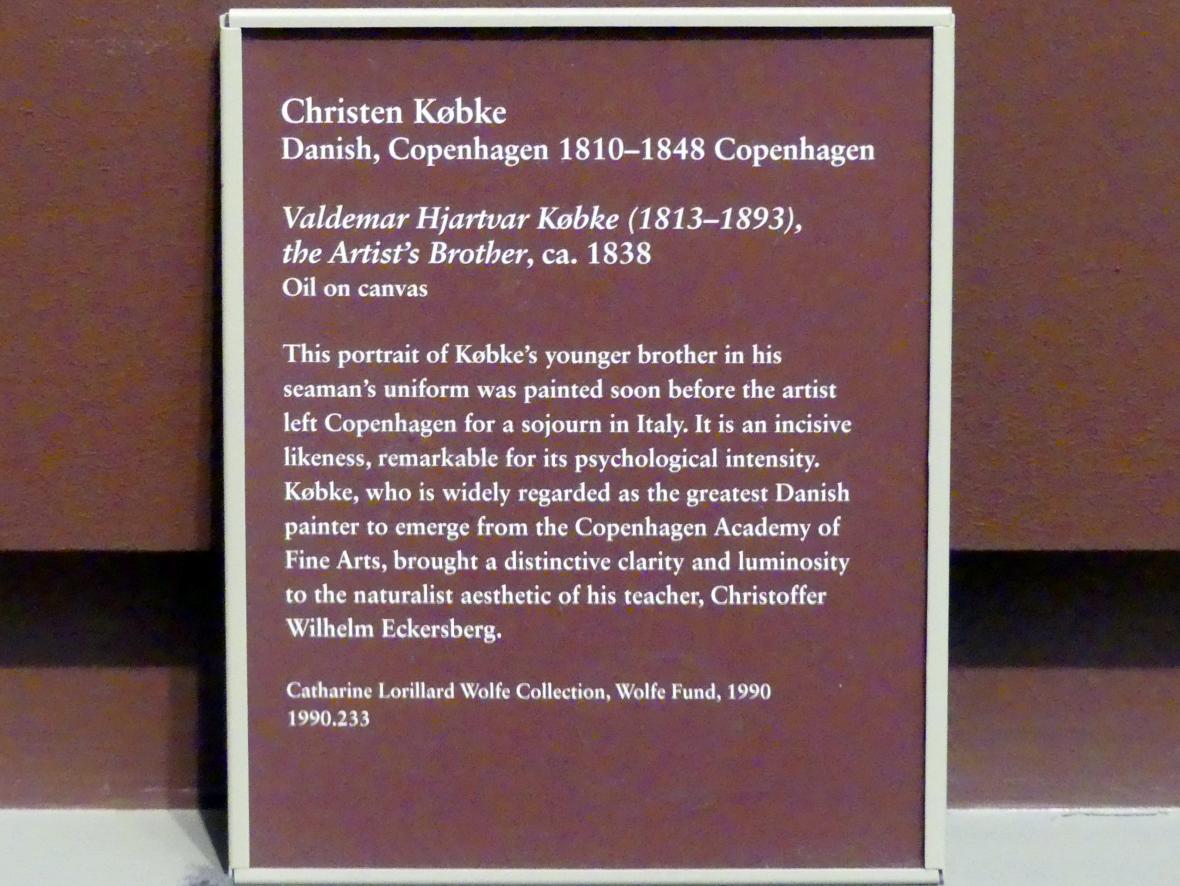Christen Købke (1830–1848), Valdemar Hjartvar Købke (1813-1893), der Bruder des Künstlers, New York, Metropolitan Museum of Art (Met), Saal 807, um 1838, Bild 2/2
