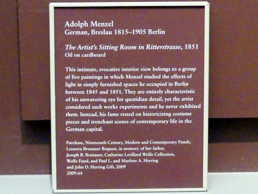 Adolph von Menzel (1844–1888), Das Wohnzimmer des Künstlers in der Ritterstraße, New York, Metropolitan Museum of Art (Met), Saal 807, 1851, Bild 2/2