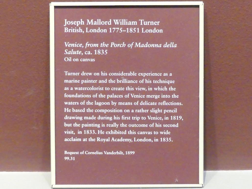 William Turner (Joseph Mallord William Turner) (1801–1845), Venedig, von der Vorhalle der Kirche Santa Maria della Salute, New York, Metropolitan Museum of Art (Met), Saal 808, um 1835, Bild 2/2