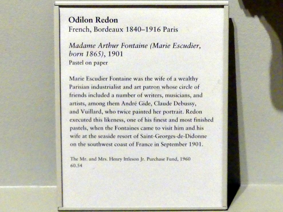 Odilon Redon (1875–1914), Madame Arthur Fontaine (Marie Escudier, geb. 1865), New York, Metropolitan Museum of Art (Met), Saal 813, 1901, Bild 2/2