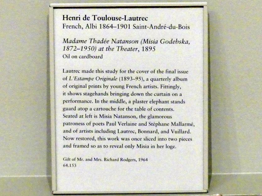 Henri de Toulouse-Lautrec (1880–1897), Madame Thadée Natanson (Misia Godebska, 1872-1950) im Theater, New York, Metropolitan Museum of Art (Met), Saal 817, 1895, Bild 2/2