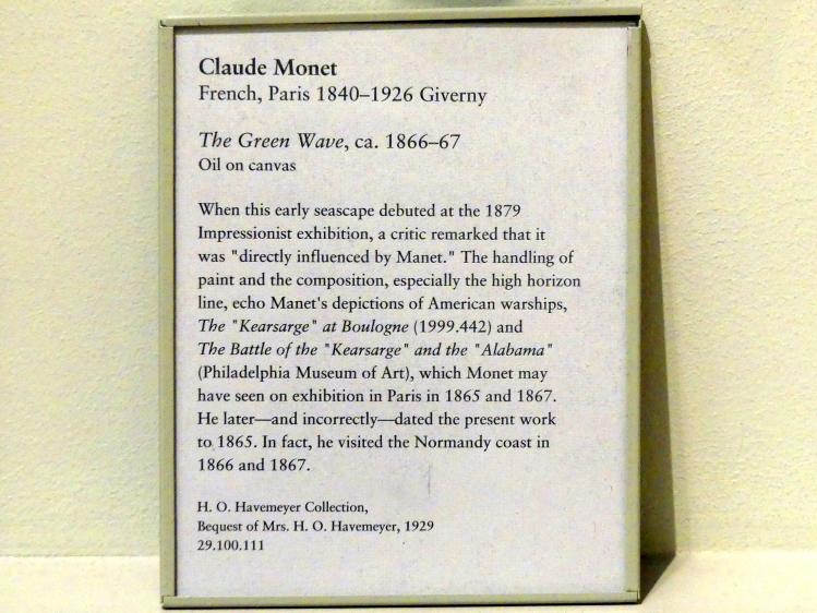 Claude Monet (1864–1925), Die Grüne Welle, New York, Metropolitan Museum of Art (Met), Saal 818, um 1866–1867, Bild 2/2