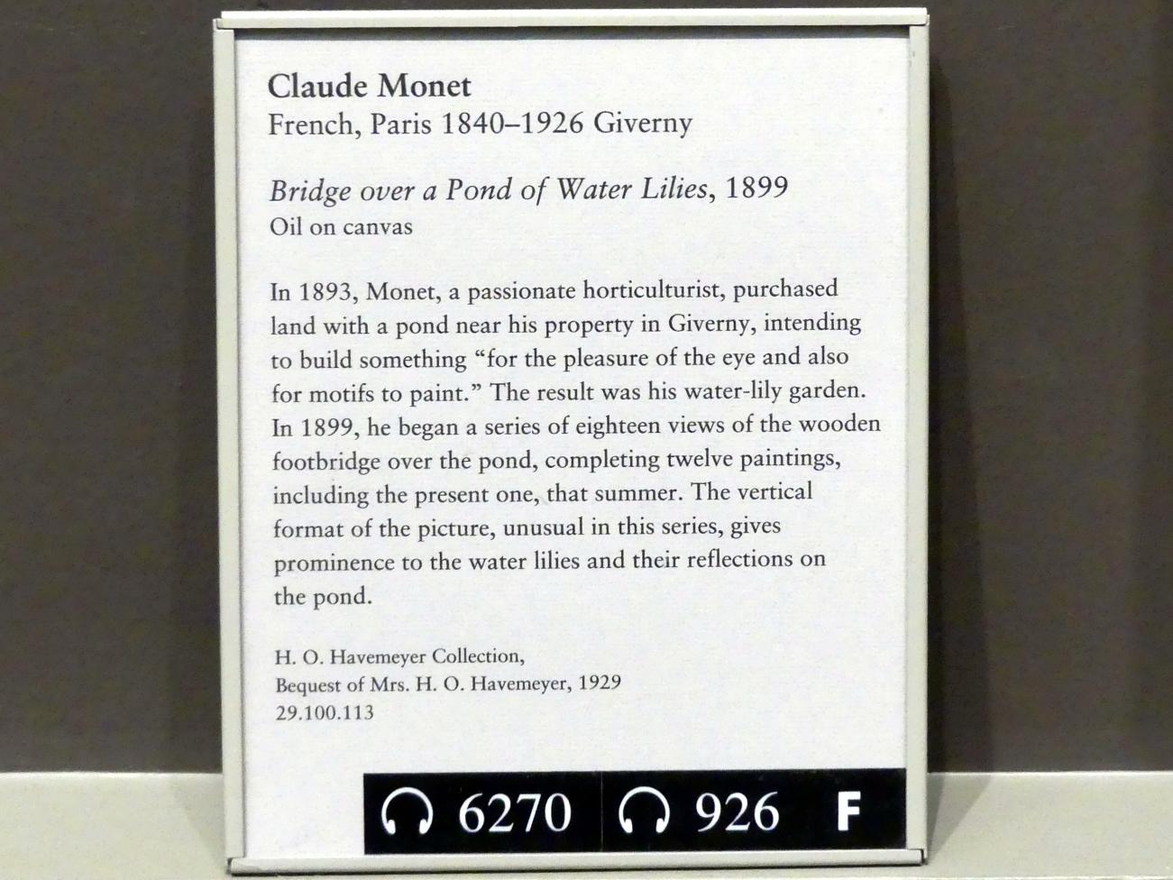 Claude Monet (1864–1925), Die japanische Brücke (The Water Lily Pond), New York, Metropolitan Museum of Art (Met), Saal 819, 1899, Bild 2/2