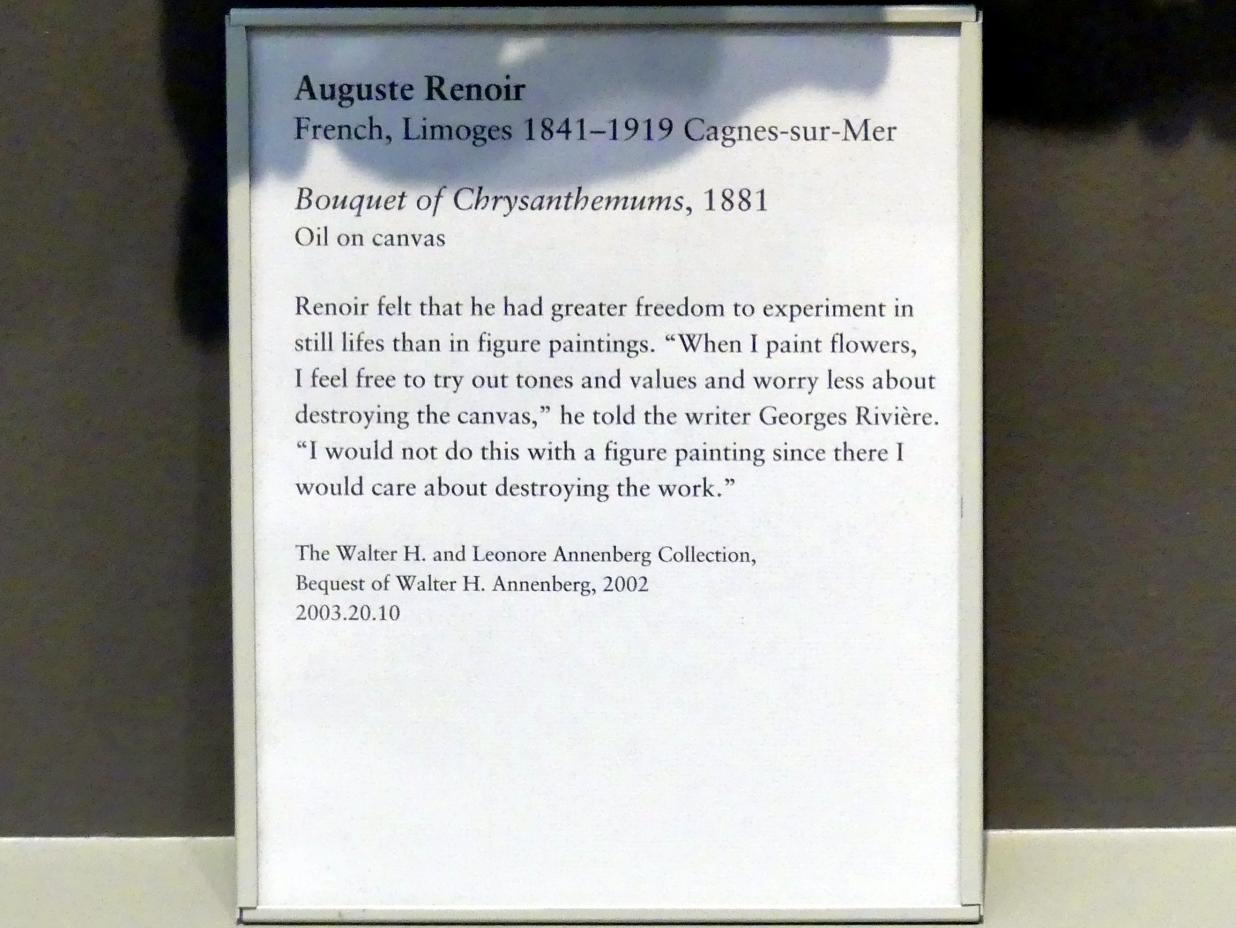 Auguste Renoir (Pierre-Auguste Renoir) (1866–1918), Blumenstrauß aus Chrysanthemen, New York, Metropolitan Museum of Art (Met), Saal 821, 1881, Bild 2/2