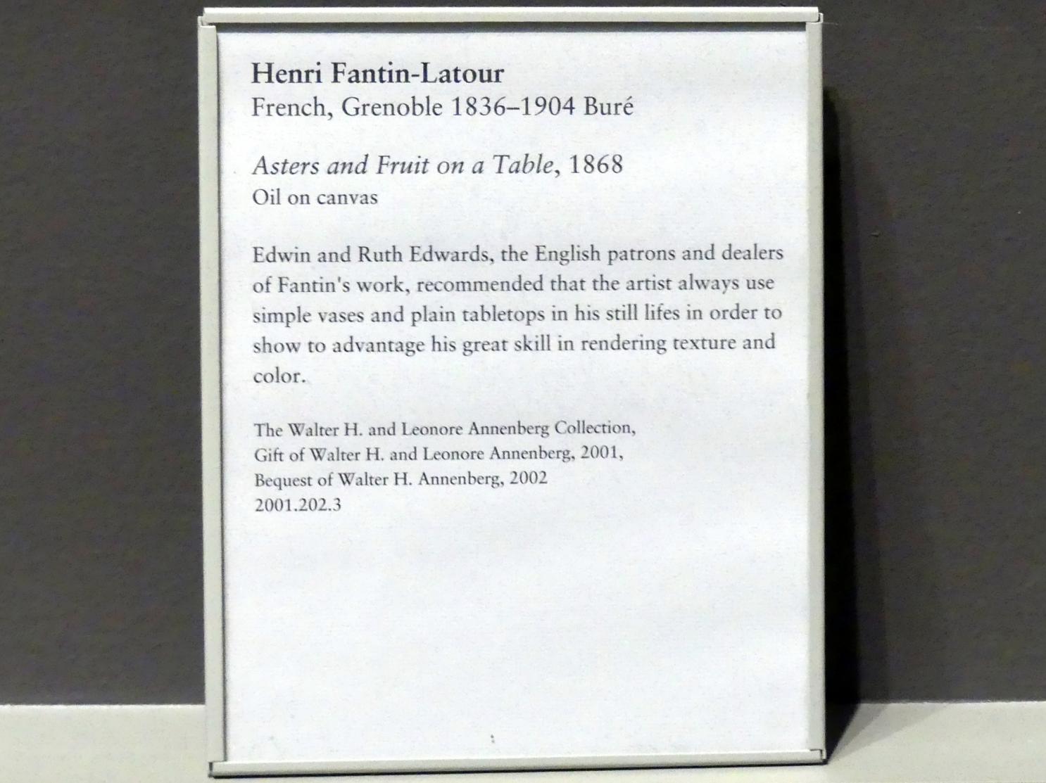 Henri Fantin-Latour (1858–1888), Astern und Obst auf einem Tisch, New York, Metropolitan Museum of Art (Met), Saal 821, 1868, Bild 2/2