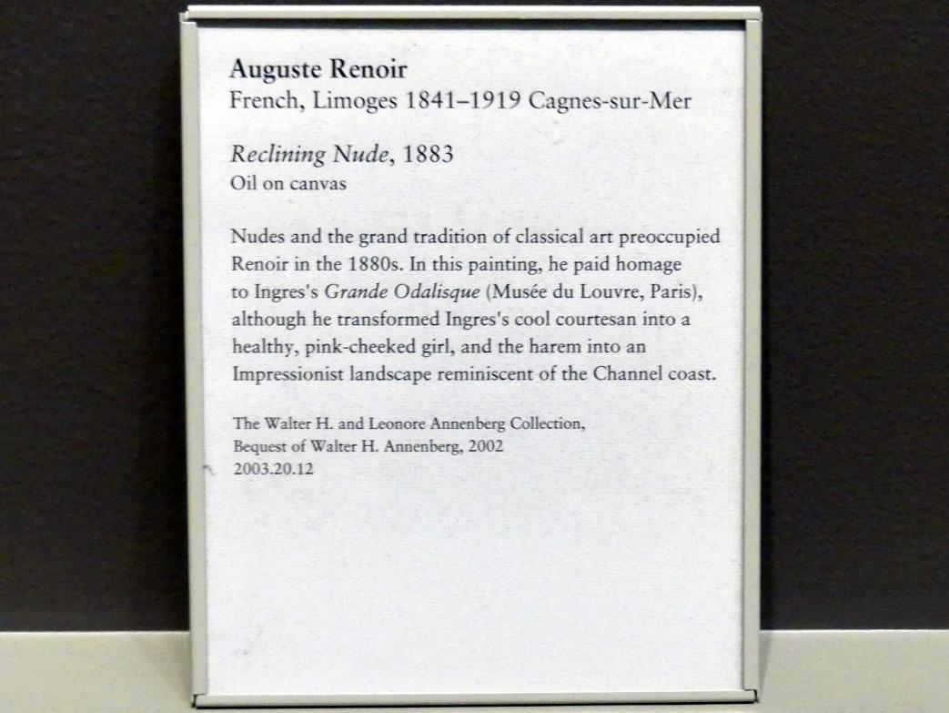 Auguste Renoir (Pierre-Auguste Renoir) (1866–1918), Liegender Akt, New York, Metropolitan Museum of Art (Met), Saal 821, 1883, Bild 2/2
