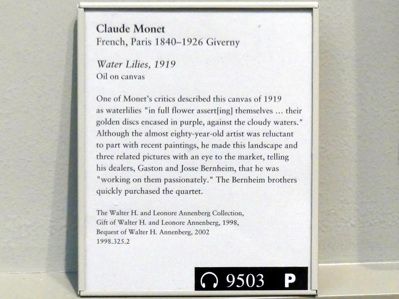 Claude Monet (1864–1925), Seerosen, New York, Metropolitan Museum of Art (Met), Saal 822, 1919, Bild 2/2