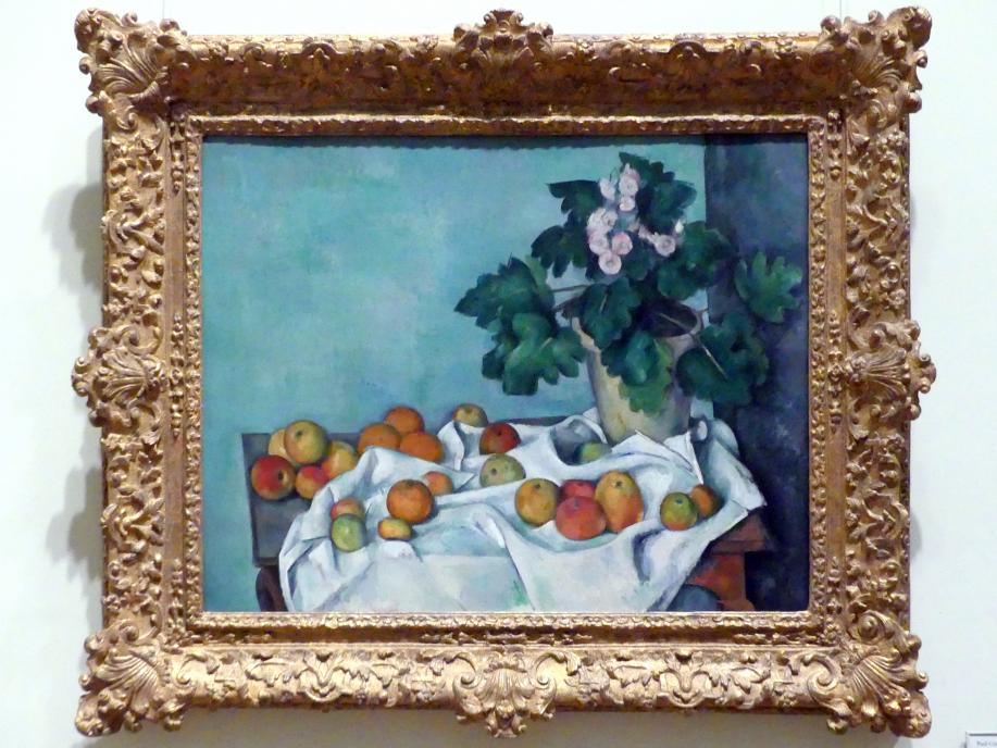 Paul Cézanne (1866–1906), Stillleben mit Äpfeln und einem Topf Primeln, New York, Metropolitan Museum of Art (Met), Saal 826, um 1890