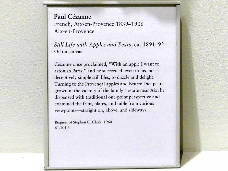 Paul Cézanne (1866–1906), Stillleben mit Äpfeln und Birnen, New York, Metropolitan Museum of Art (Met), Saal 826, um 1891–1892, Bild 2/2